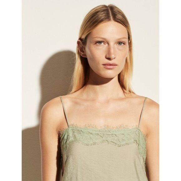 VINCE Lace Trim Cami Jade Hammered Satin Twill Square Neck Camisole Eyelash NWT - Picture 3 of 8